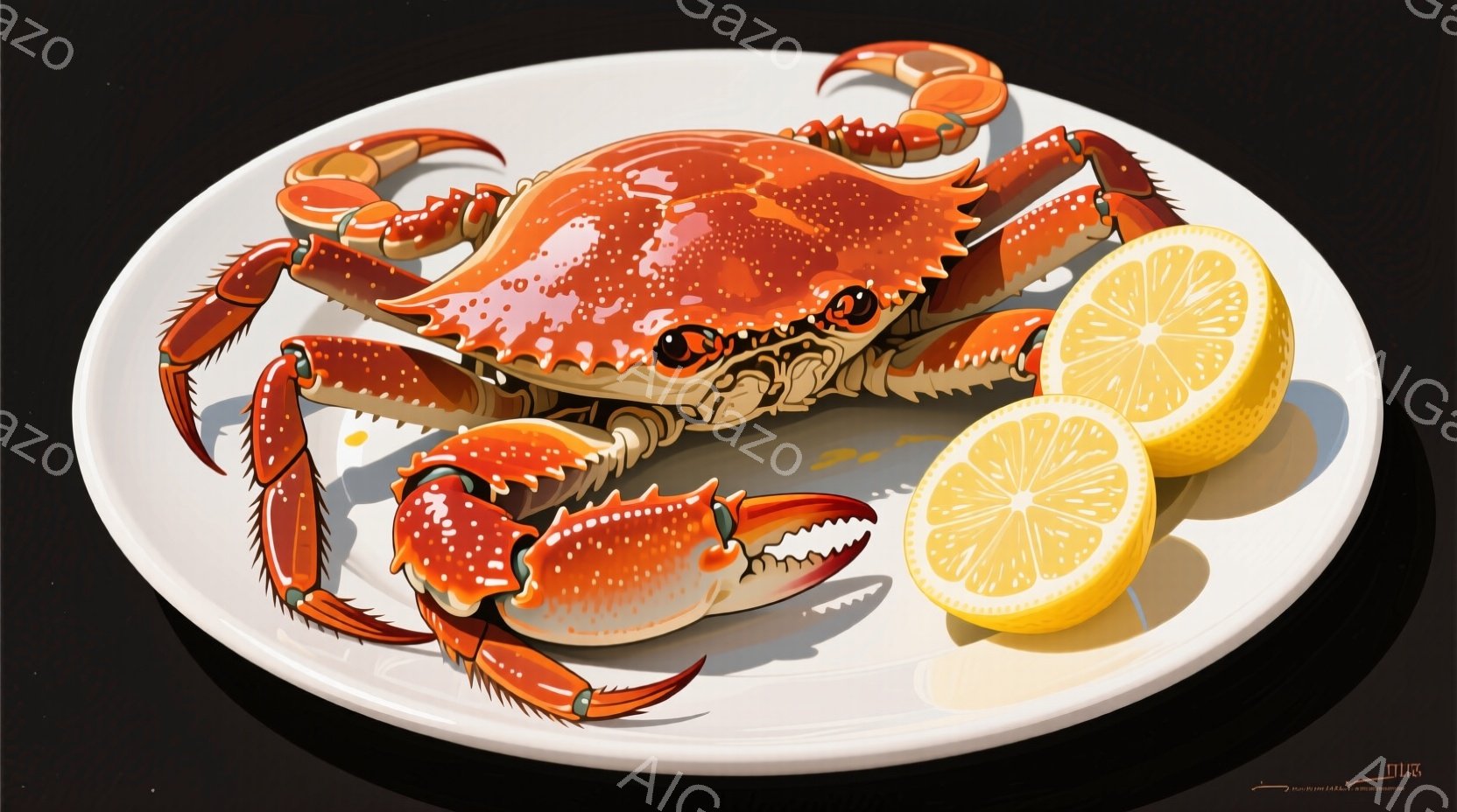 大きな赤いカニが白い皿の上に描かれています。カニは口を開け、鋭い牙を見せています。皿の隣には、半分に切られたレモンが2つ置かれ、カニとコントラストをなしています。