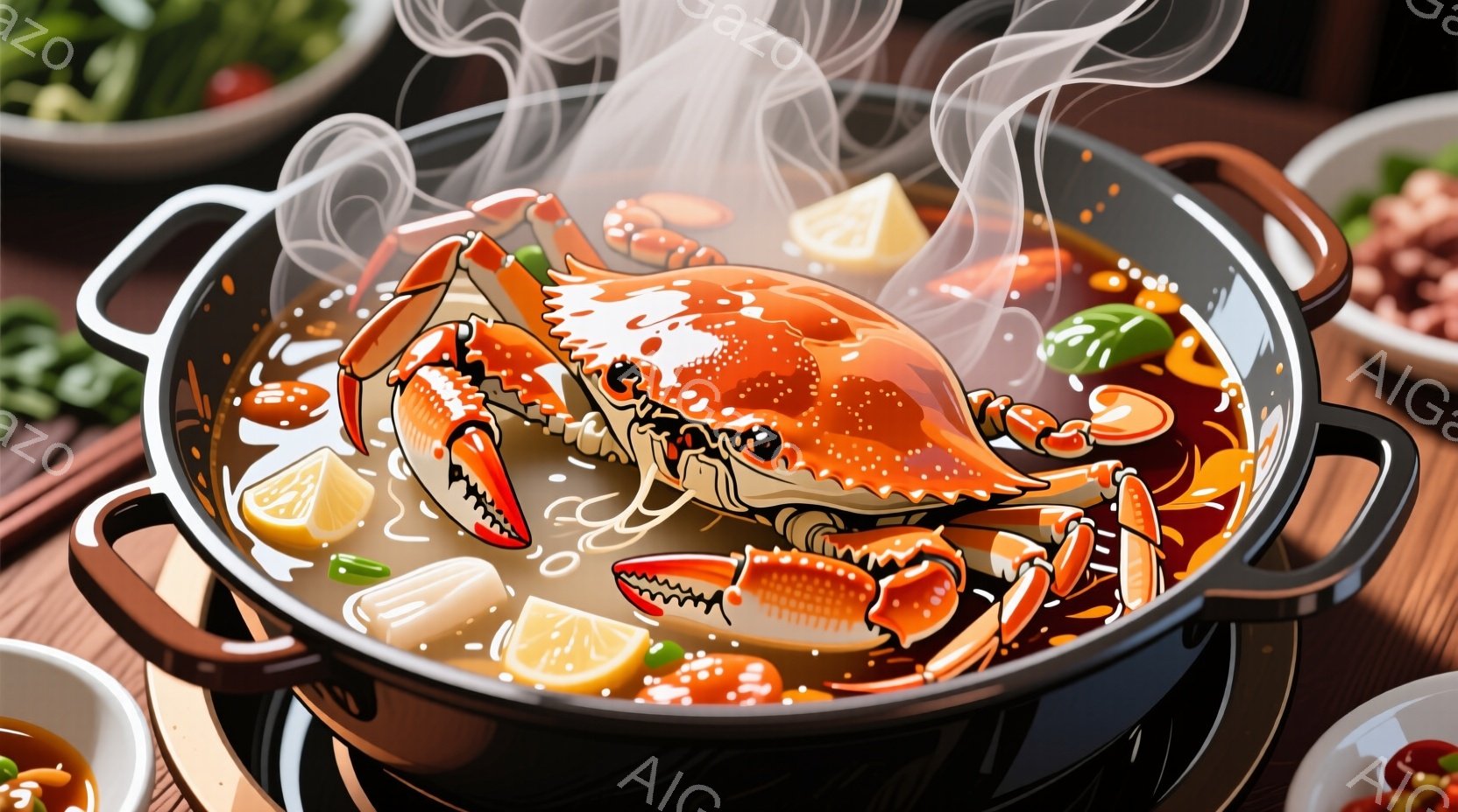 大きな鍋の中に、鮮やかなオレンジ色のカニが湯気に包まれています。鍋の中には、レモンのスライスや緑色の野菜が浮遊しており、湯気が立ち上っています。背景には、他の料理がぼやけて見え、木製のテーブルの上に置 - AI生成フリー素材