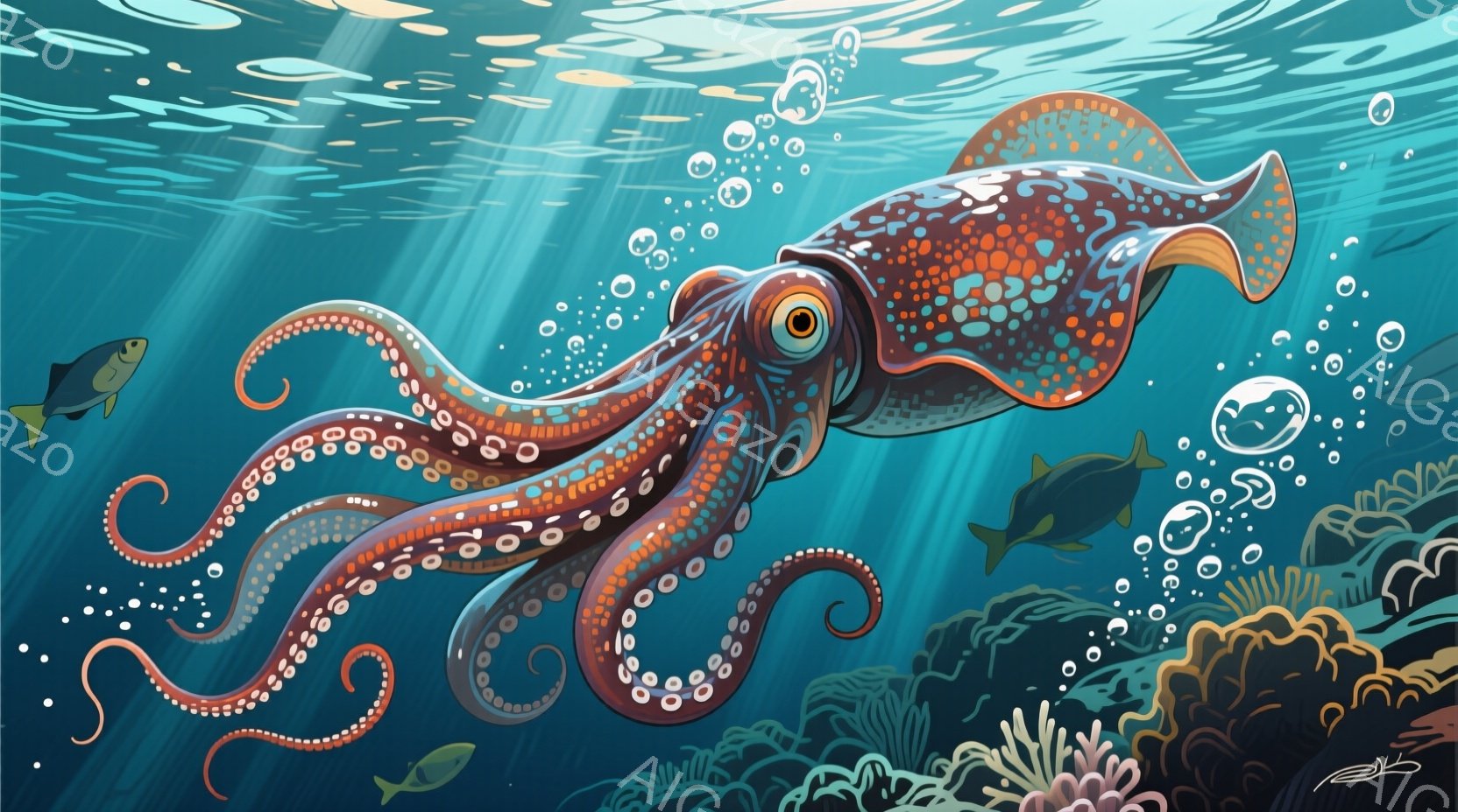 深い青色の海中には、オレンジと茶色のまだら模様が特徴的な巨大なイカが優雅に泳いでいる。周囲には泡が漂い、海底にはサンゴ礁が広がり、小さな魚たちが点在している様子が描かれている。全体的に、神秘的で静謐な深海の雰囲気が漂っている。