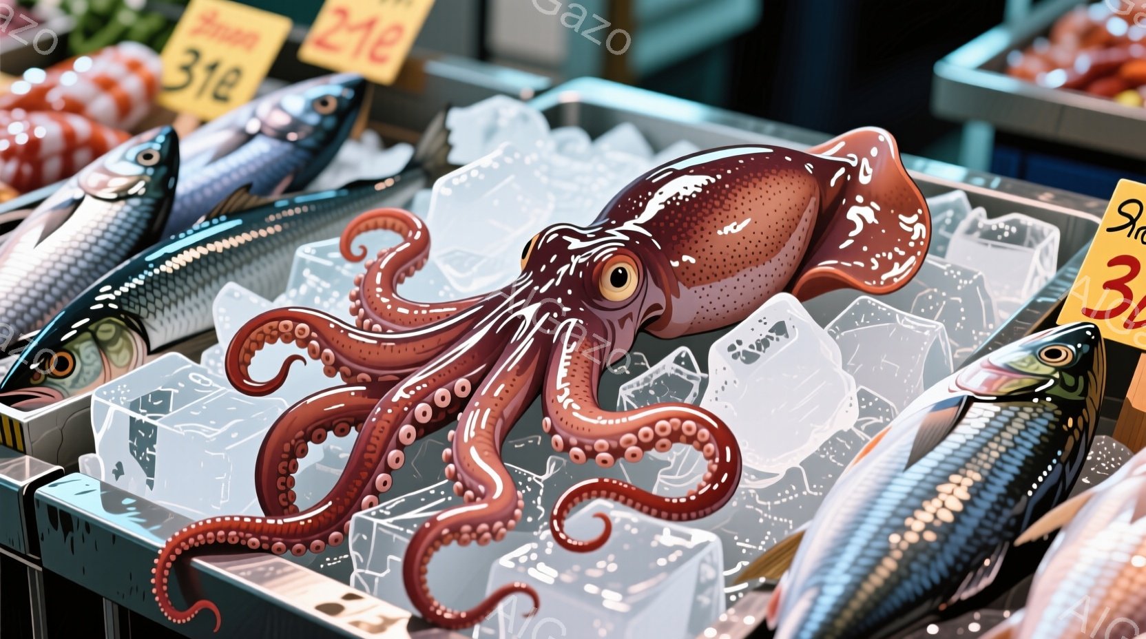 市場の氷の上にタコが置かれています。タコは赤褐色で、触手が広がり、質感がリアルに表現されています。周囲には他の魚も並べられ、市場の活気を感じさせる光景です。 - AI生成フリー素材