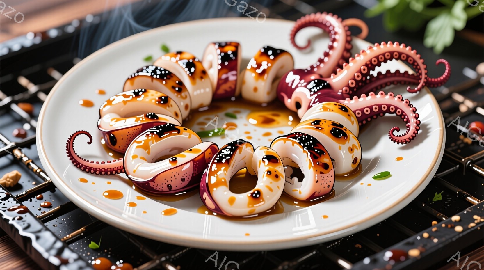 皿の上に、タコのような形にカットされた、ピンクと白のコントラストが美しい料理が並んでいます。照り照りとしたタレがかかっており、鮮やかな緑色の葉が添えられています。背景には、黒色の鉄板のようなものがうっ - AI生成フリー素材