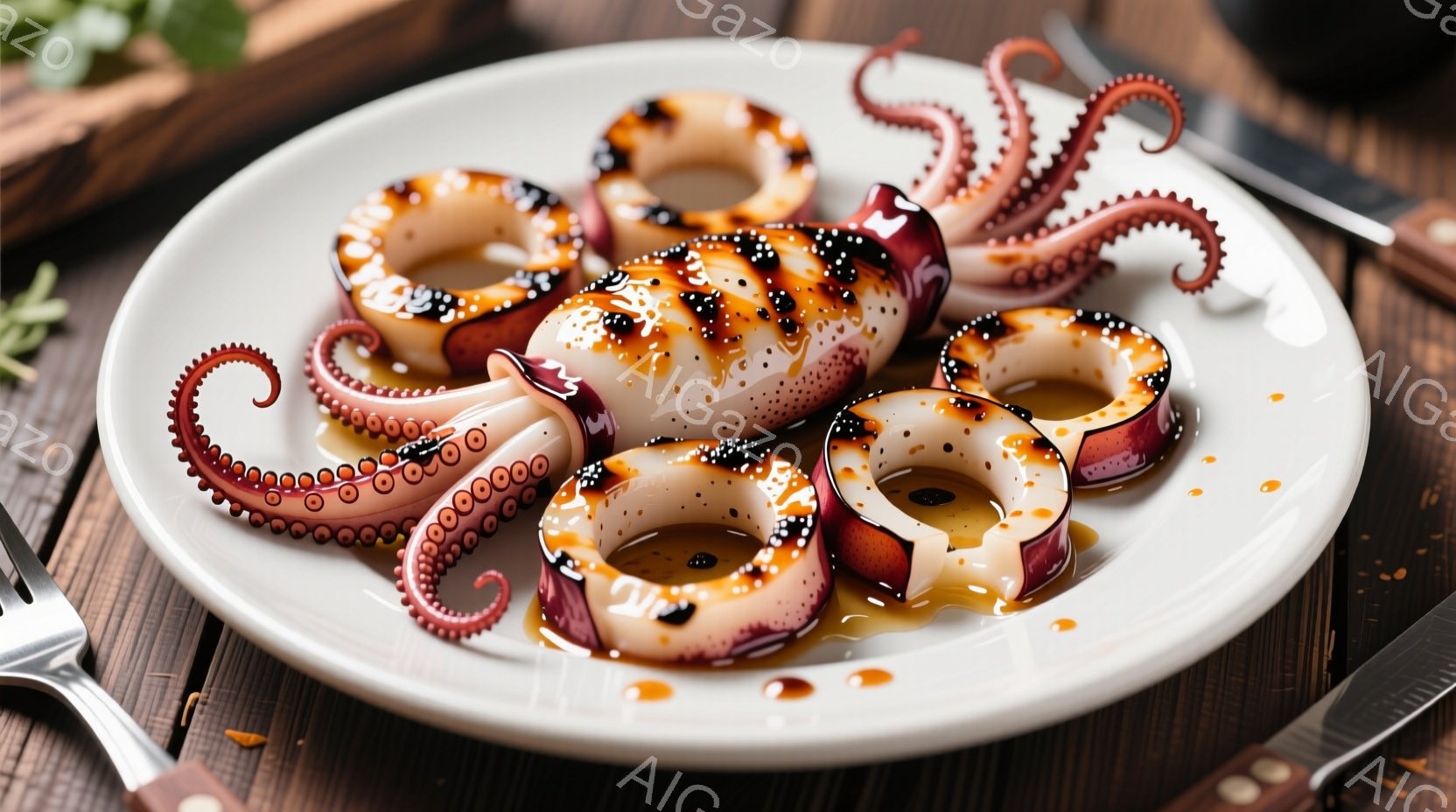 白い皿にタコのリング状の調理されたものが盛り付けられています。タコは焦げ目が付き、鮮やかな色合いで、皿に軽いソースが垂れています。フォークとナイフが脇に置かれており、木製のテーブルが背景にぼやけています。