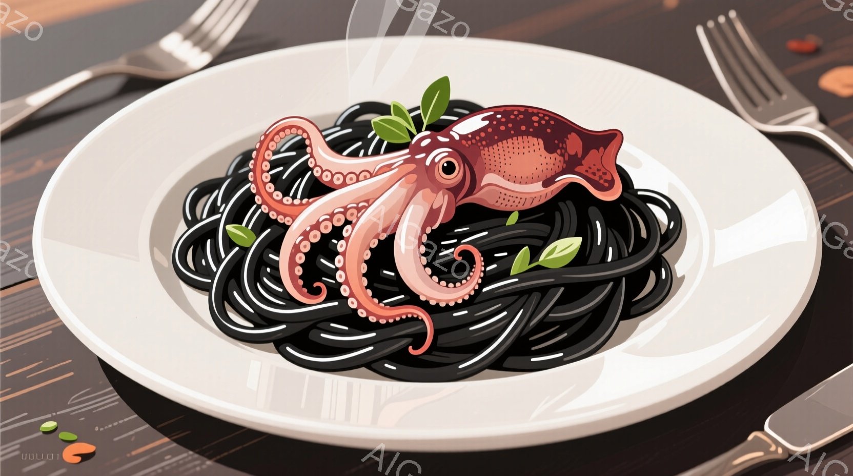 皿には、黒いインクで色付けされたスパゲッティが盛り付けられ、その上にピンク色のタコが乗っています。緑色の小さな粒（おそらくハーブ）がいくつか散らされ、木製のテーブルの上に置かれています。全体的に、海鮮料理の美味しさを引き立てる、食欲をそそる雰囲気です。