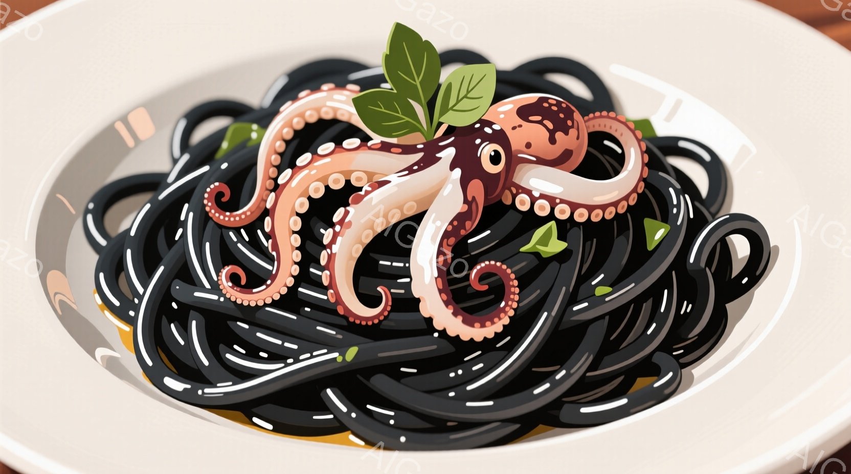 皿の上に黒いパスタが盛り付けられ、その中央には可愛らしいタコが配置されています。タコはピンク色と白のまだら模様で、楽しげな表情を浮かべており、頭上には緑色の葉が飾られています。全体的に明るく、食欲をそ - AI生成フリー素材