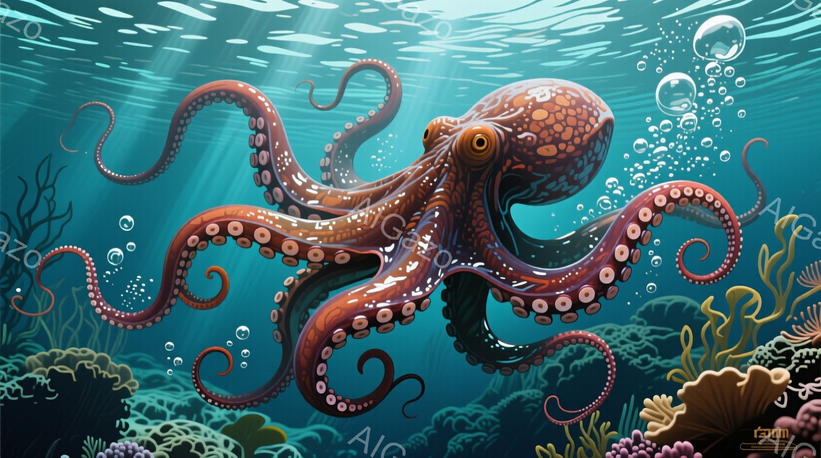 深い青色の海中に、赤茶色のタコが優雅に漂っている。タコの体には吸盤が密集しており、触腕は波のように柔らかく伸びている。背景には、赤やオレンジ色のサンゴ礁が広がり、水中に漂う小さな泡が幻想的な雰囲気を醸し出している。