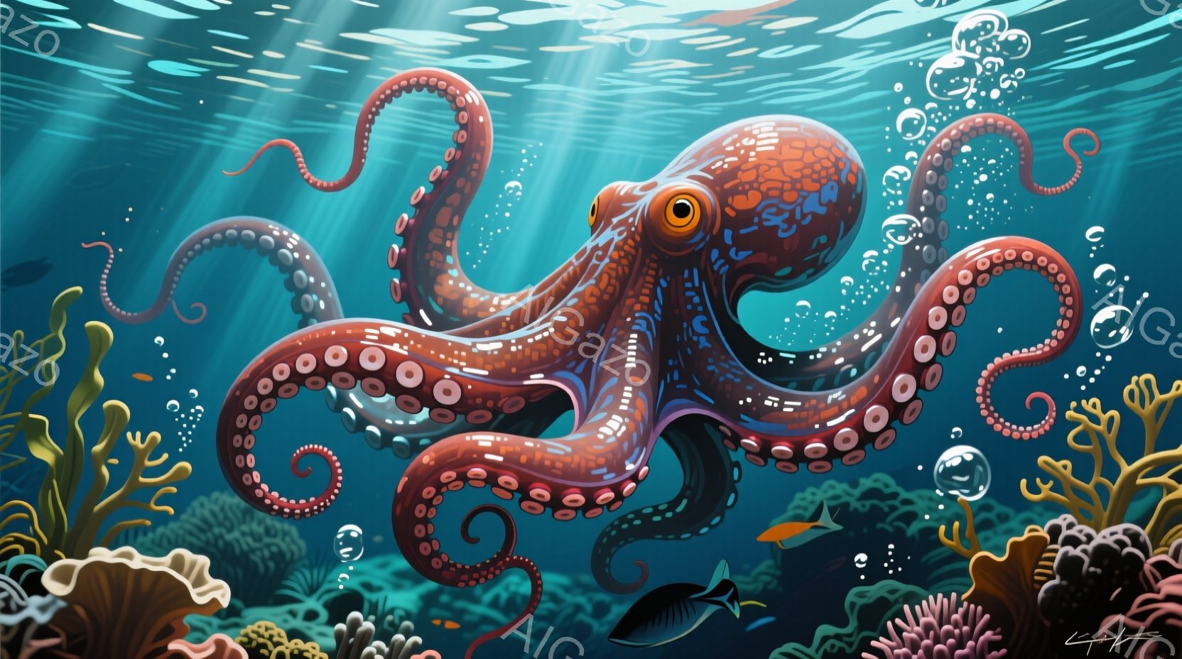 鮮やかな珊瑚礁を背景に、赤いタコが中央に大きく描かれている。タコは複数の触手を伸ばし、遊泳しているように見える。背景には、泡や小さな魚、そして様々な種類の珊瑚が配置され、海底の生態系を表現している。