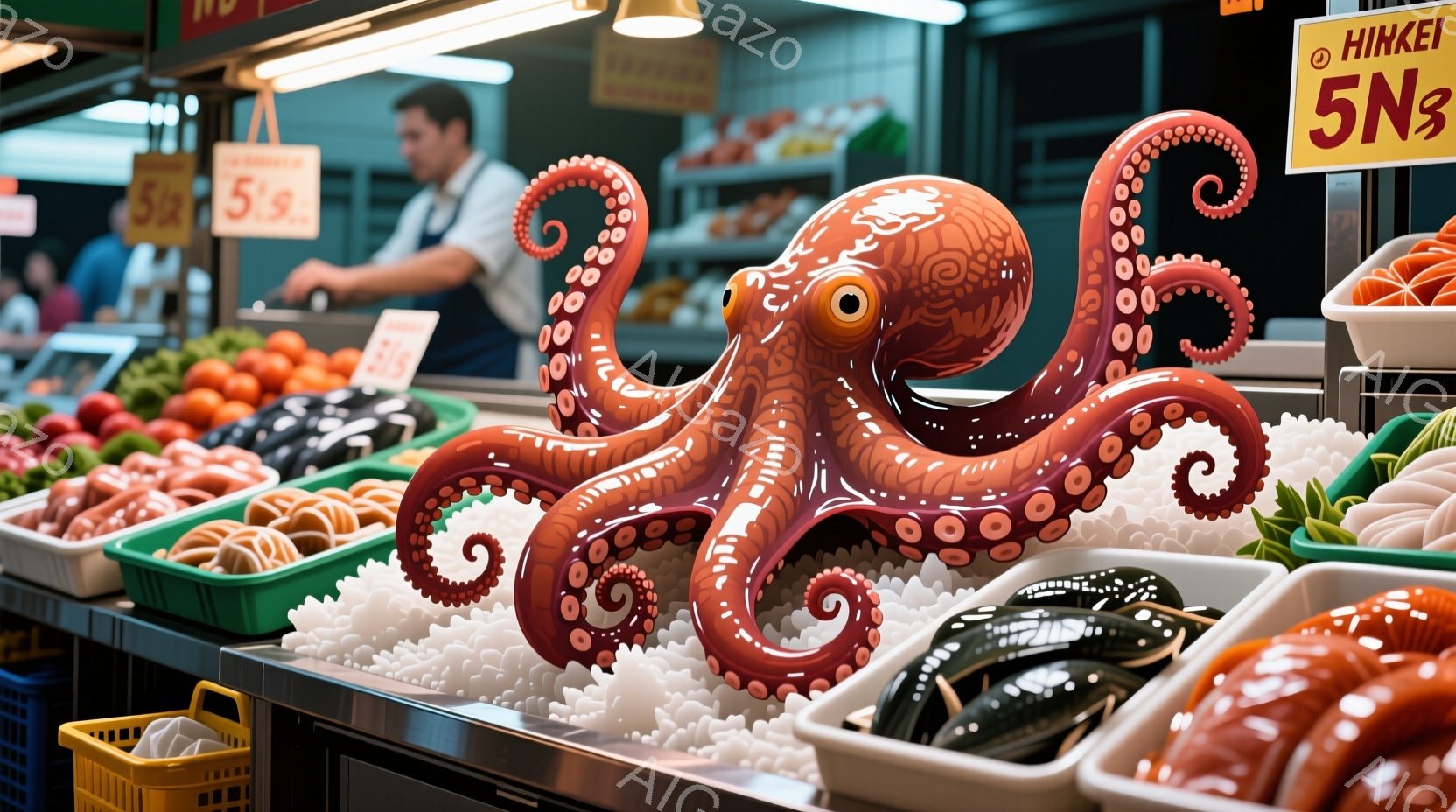 市場の鮮魚売り場で、赤いタコが白い氷の上に展示されている。背景には様々な魚介類や果物が並び、男性店員が作業をしている様子が見える。活気のある市場の雰囲気と、新鮮な食材の豊かさを感じさせる一枚である。