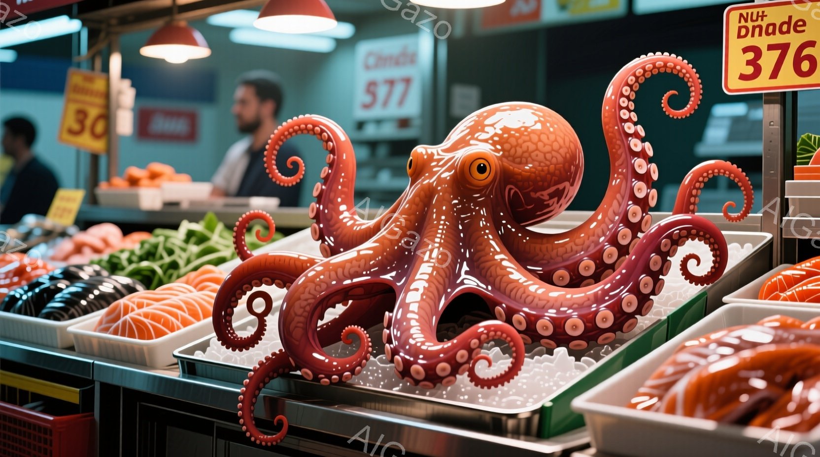 店のケースの中に、鮮やかな赤色のタコが氷の上に置かれています。背景には、他の魚介類や、ケース越しに人影が見え、活気のある市場の様子が伺えます。タコの吸盤が細かく表現されており、非常にリアルで食欲をそそる様子です。