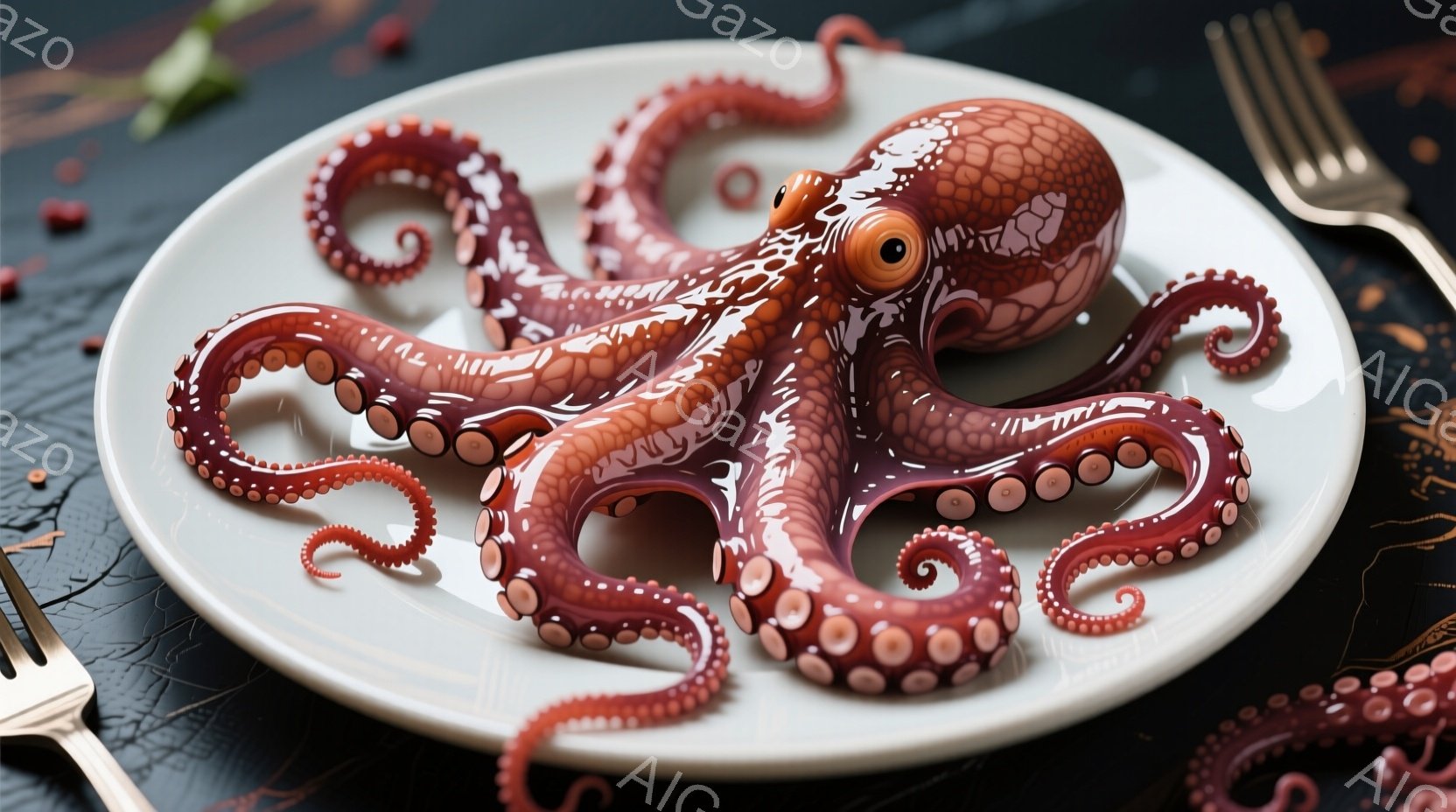 白い皿の上に、赤褐色のタコが中央に配置されている。タコの吸盤は丸く、一つ一つが丁寧に表現されており、全体的に生き生きとした印象を与える。背景は暗いグレーの質感で、フォークや葉がわずかに見え、料理をより - AI生成フリー素材