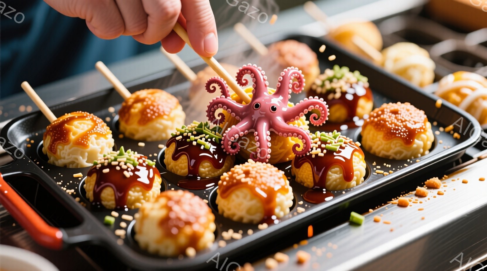 たこ焼きが鉄板の上で調理されている様子が写っています。赤色の柄の入ったエプロンを着た人物が、竹串でたこ焼きをひっくり返す動作をしています。背景は調理台の一部が見え、全体的に温かみのある家庭的な雰囲気が漂っています。