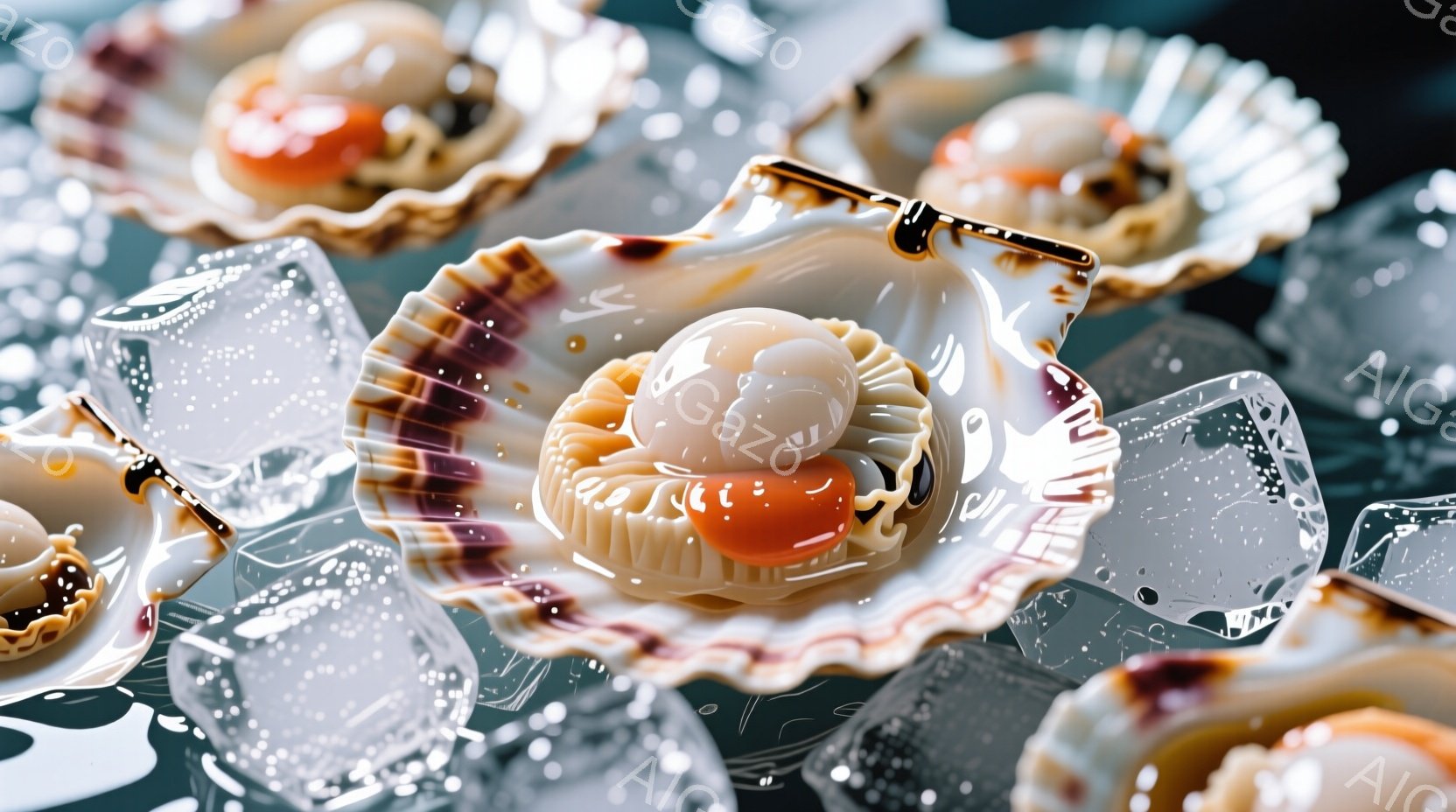 貝殻の中に、クリームとオレンジ色のソースが乗った小さなケーキがいくつか配置されています。ケーキは氷に囲まれており、涼しげで爽やかな印象を与えます。全体的に、淡い色調と貝殻の繊細な模様が組み合わさり、上品で洗練された雰囲気を醸し出しています。