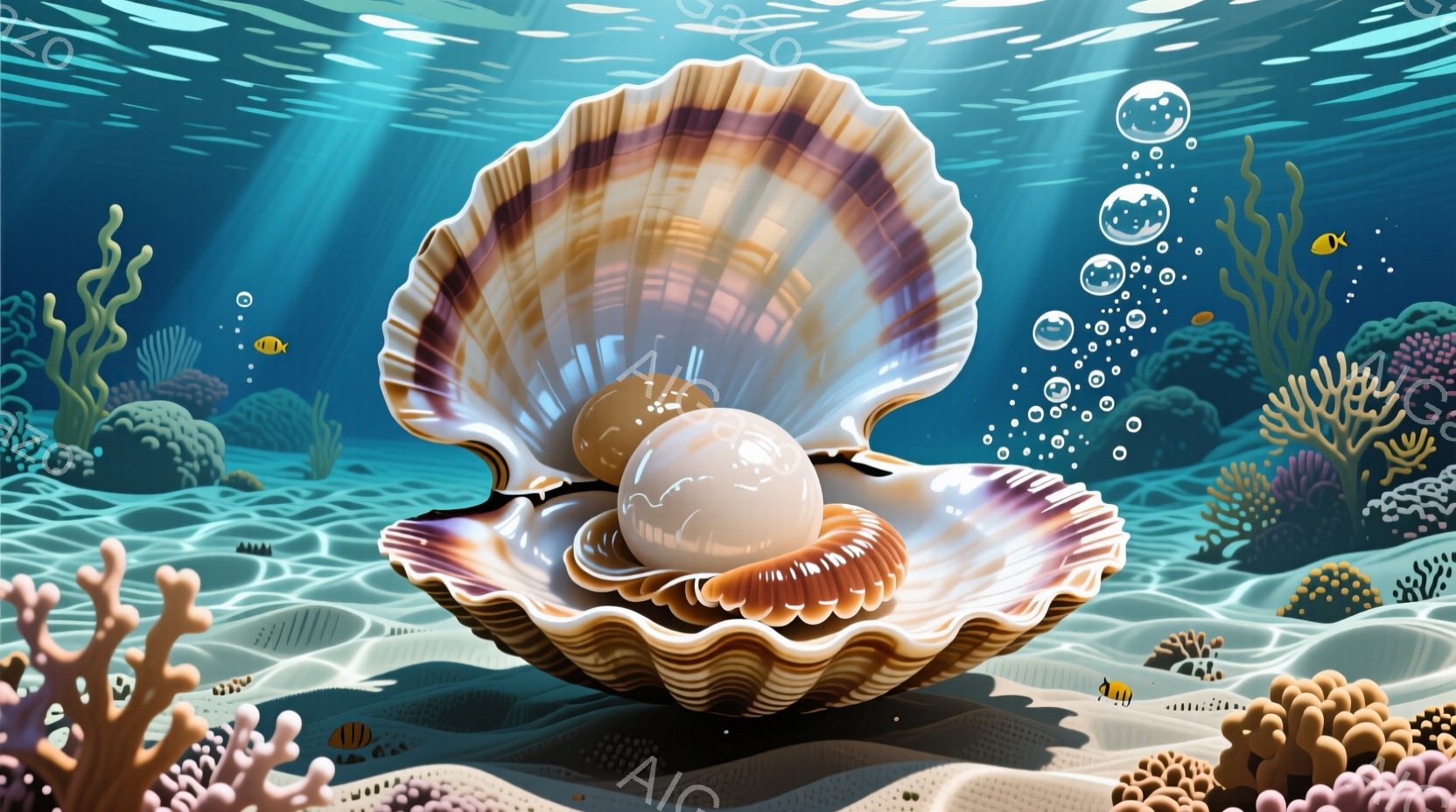 鮮やかなピンクと白の模様が美しい帆立の刺身が、竹製の編みカゴの中に盛られています。それぞれの帆立には、黒いソースとオレンジ色のトビッコが添えられ、緑の葉が背景を彩っています。全体的に、上品で洗練された雰囲気の料理写真です。