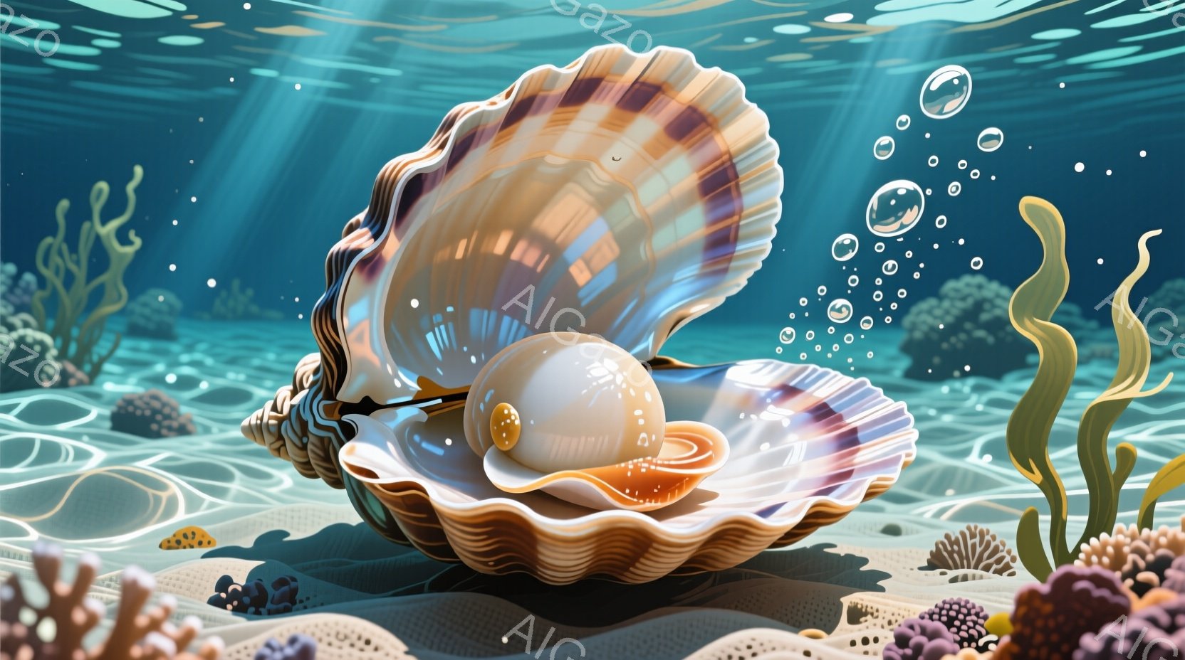 真珠のような球体が、虹色に輝く貝殻の中に鎮座している様子が描かれている。海底には珊瑚礁が広がり、水中に漂う光線と泡が幻想的な雰囲気を醸し出している。全体的に穏やかで神秘的な、深海の静寂を感じさせる光景だ。