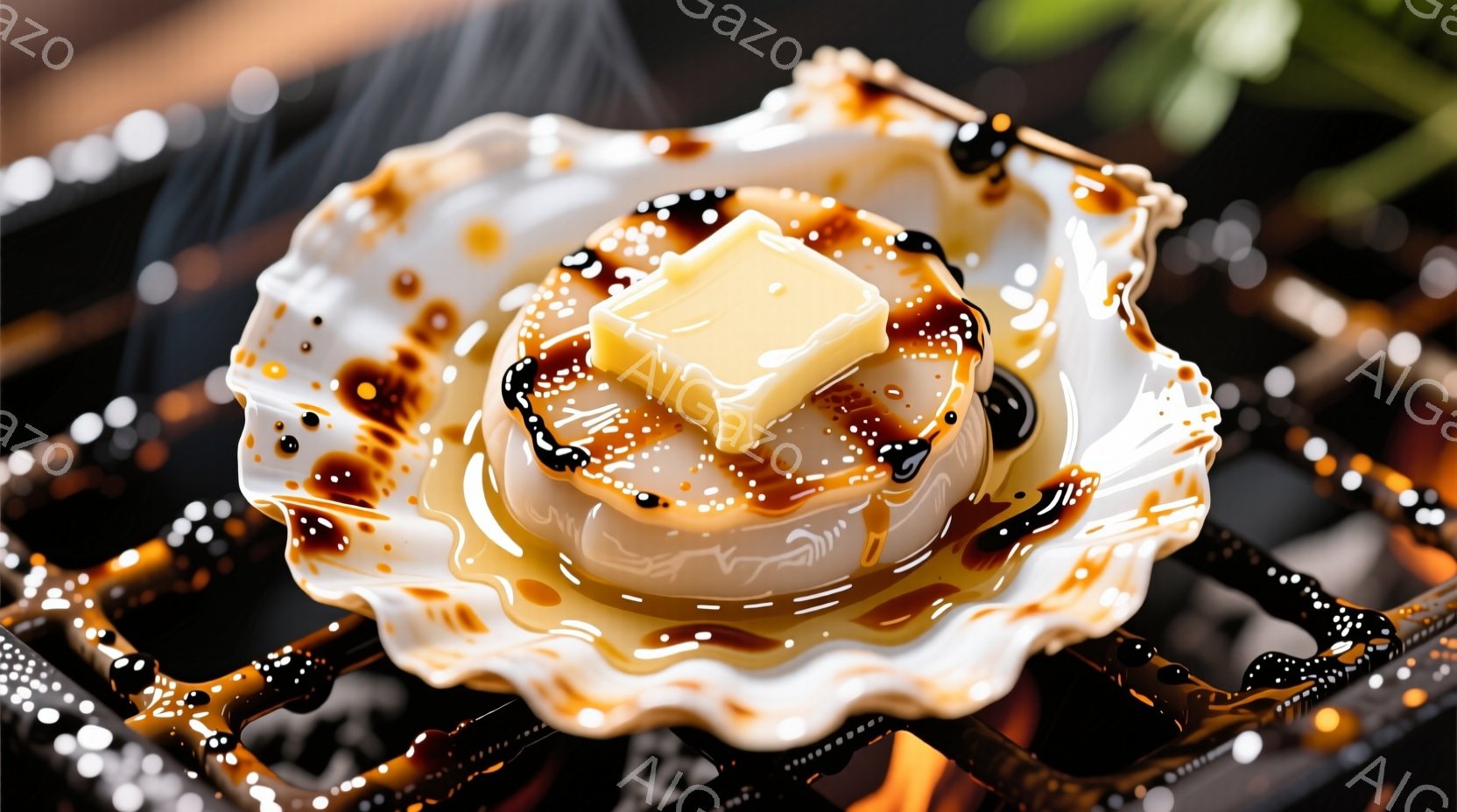 白い貝殻のような皿に、照り焼きソースのような濃い茶色のソースがかけられ、その中央には四角いバターの塊が乗せられている。皿は黒い鉄板の上に置かれ、背景にはぼやけた炎と緑の野菜が見える。全体的に、食欲をそ - AI生成フリー素材