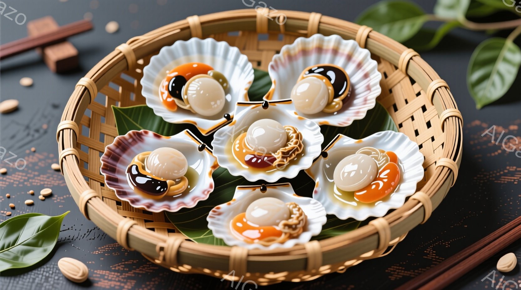 鮮やかな真珠のような団子を、美しい貝殻に乗せた料理の写真です。籐編みの円形の器に、緑色の葉と茶色のナッツが添えられ、黒い背景に置かれています。上品で洗練された雰囲気で、日本料理または特別な機会のための - AI生成フリー素材