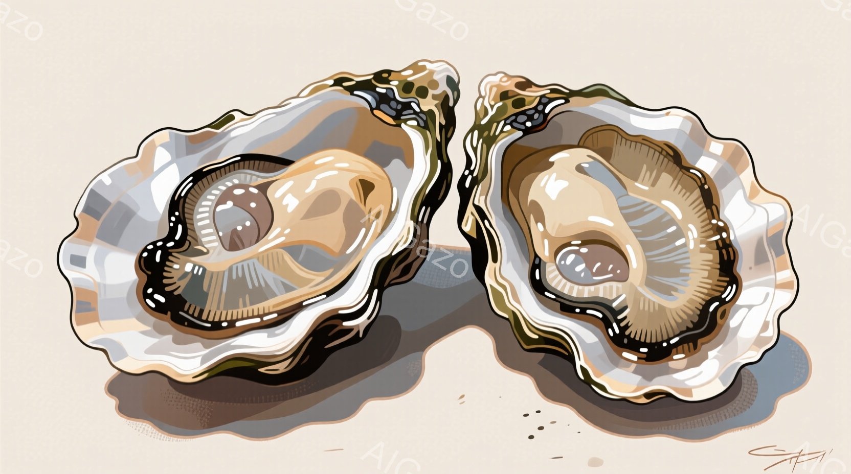 牡蠣が二つ、影を落として並んでいます。貝殻は白と薄い茶色で、内側には光沢のある虹色の層が見えます。背景は淡いベージュ色で、貝殻の下にわずかな影が描かれ、立体感を強調しています。