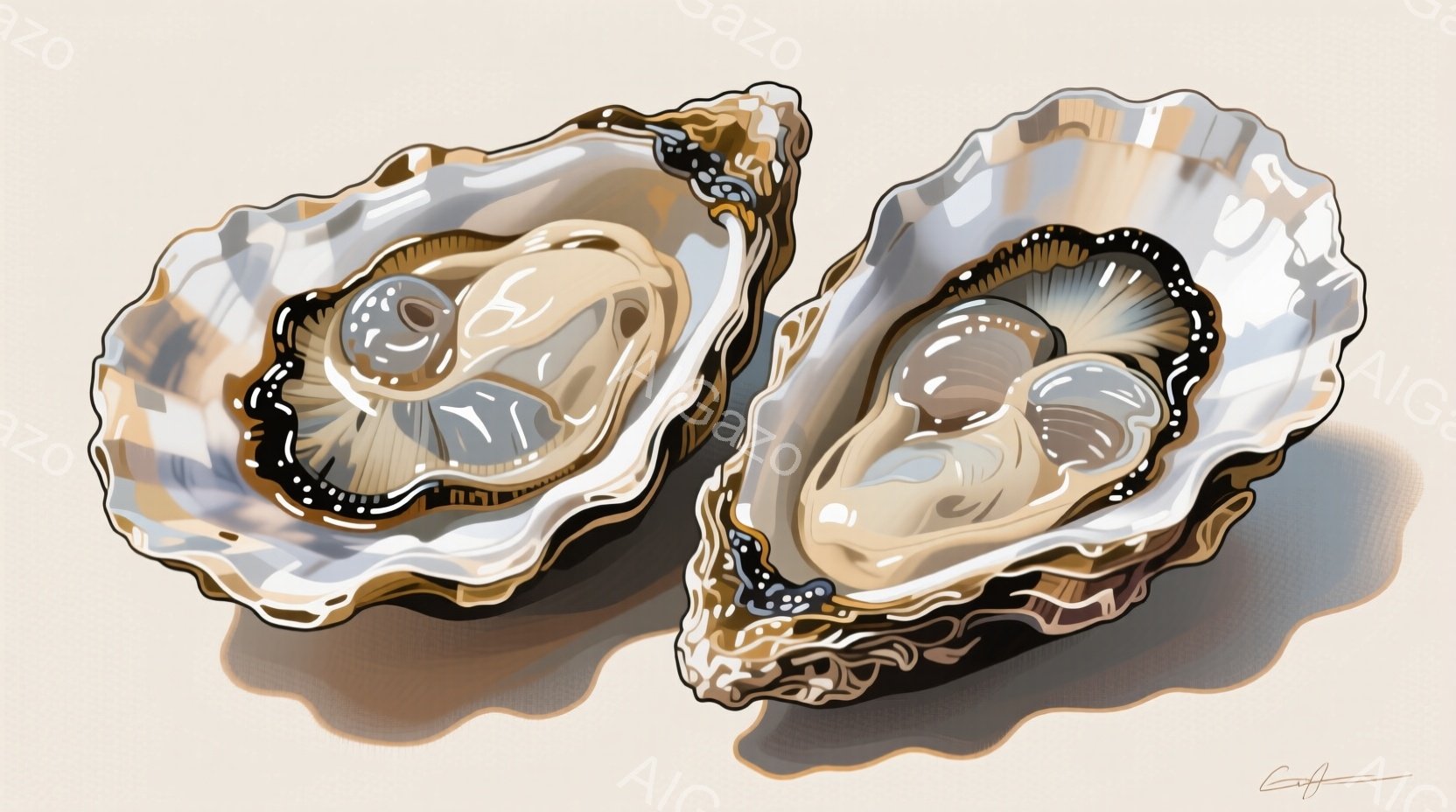 どんぶりに入ったスープの中に、新鮮な牡蠣が大きく浮かんでいます。スープには、細かく刻まれたニンジンやネギ、そしてレモンのような柑橘系の果物も散りばめられており、彩り豊かです。背景には、別の料理の一部が - AI生成フリー素材