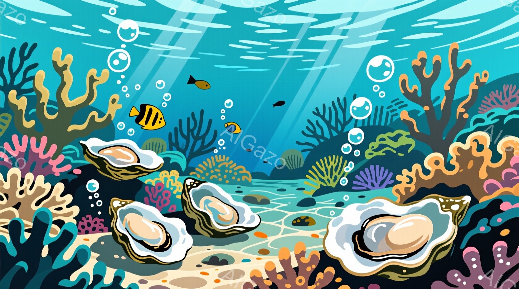 海底の風景で、オレンジ色のサンゴや紫色の海藻が広がり、砂地の海底には真珠の入った貝がいくつか散らばっています。水面からは光が差し込み、小さな魚たちが泳いでおり、全体的に穏やかで幻想的な雰囲気です。水中に漂う泡が、さらに神秘的な空間を演出しています。