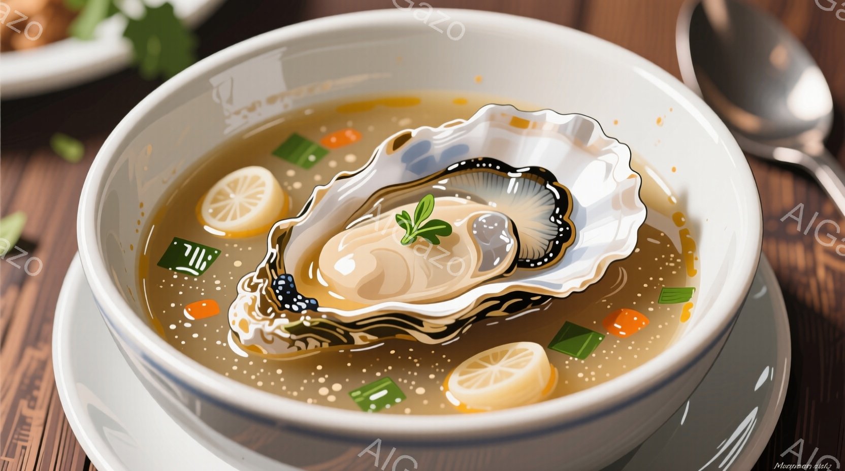 白い器に、澄んだスープと、身の厚い牡蠣が盛り付けられています。スープの中には、細かく刻まれた人参、ネギ、そして丸い団子のようなものが浮いており、彩りを添えています。背景には、ぼやけた別の料理と食器が見え、暖かく落ち着いた食卓の雰囲気が感じられます。