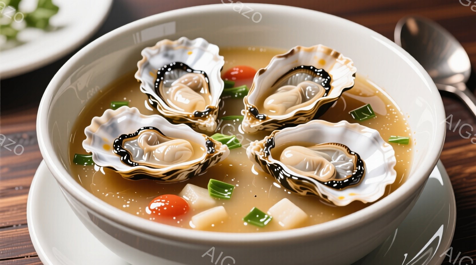 白いスープボウルの中に、4つの美しいホタテの貝殻の形をした料理が浮かんでいます。透明なスープには、細かく刻まれた緑色のネギや小さく角切りの人参、そして赤いトマトのようなものが散りばめられています。木製のテーブルの上に置かれた白い受け皿が、料理を上品に引き立てています。