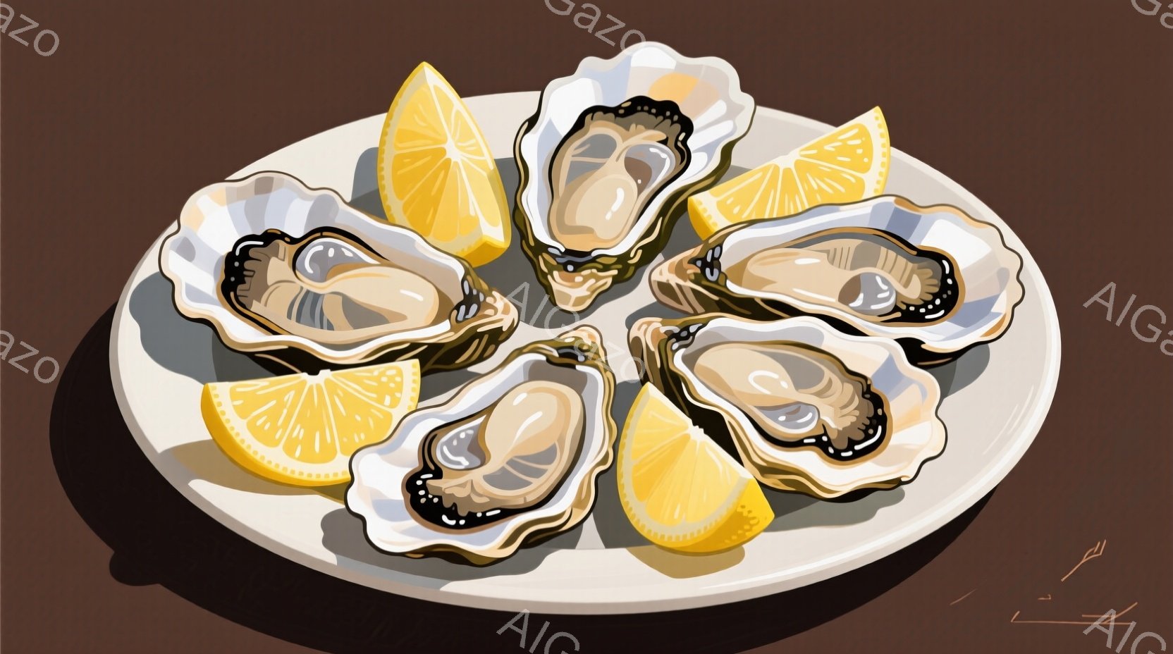 白い皿の上に、新鮮な牡蠣が数個並べられています。レモンの切れ子が牡蠣の間に添えられており、鮮やかな黄色がアクセントになっています。影が皿の下に伸びており、シンプルな背景に牡蠣とレモンが際立っています。 - AI生成フリー素材