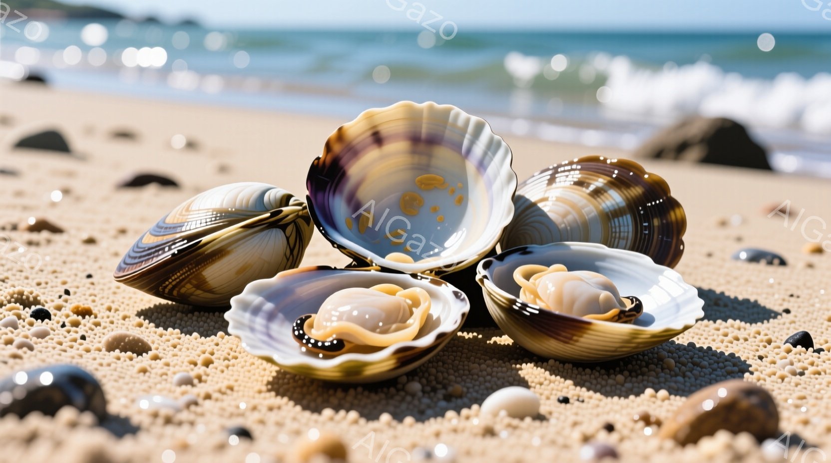 陶器のどんぶりに入ったアサリの味噌汁が写っている。どんぶりは水色と茶色のグラデーションで、中に細かく刻まれた人参とネギが浮かび、アサリの貝殻が開き、中身が見えている。木製のテーブルの上に置かれており、 - AI生成フリー素材