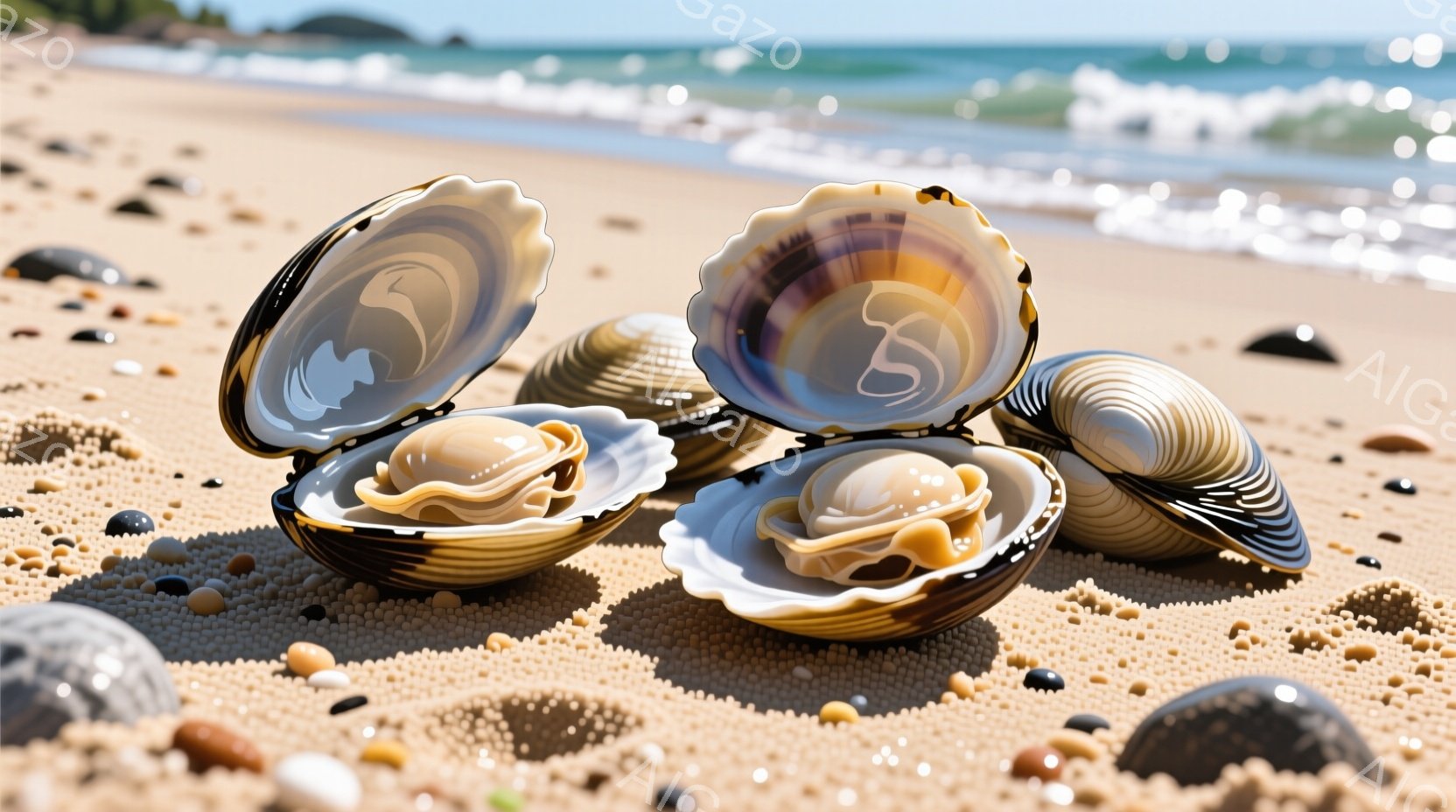 砂浜に数個の貝が散らばっている様子が写っている。貝は開いており、内側の真珠のような光沢のある部分が見える。背景には穏やかな海と、遠くに見える緑の土地が広がり、晴れた日の穏やかな雰囲気を伝えている。 - AI生成フリー素材