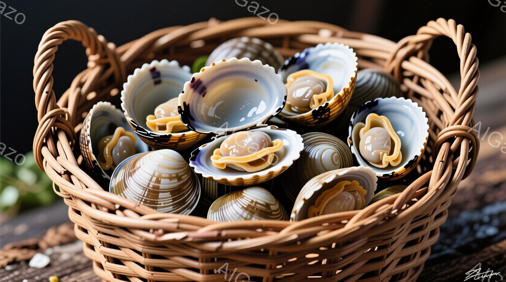 籠の中に蛤が山のように積み上げられています。蛤は美しい虹色の光沢があり、クリーム色と紫色の繊細な模様が特徴的です。背景は暗く、鮮やかな蛤の色が際立っており、自然の恵みを感じさせる静謐な雰囲気が漂っています。