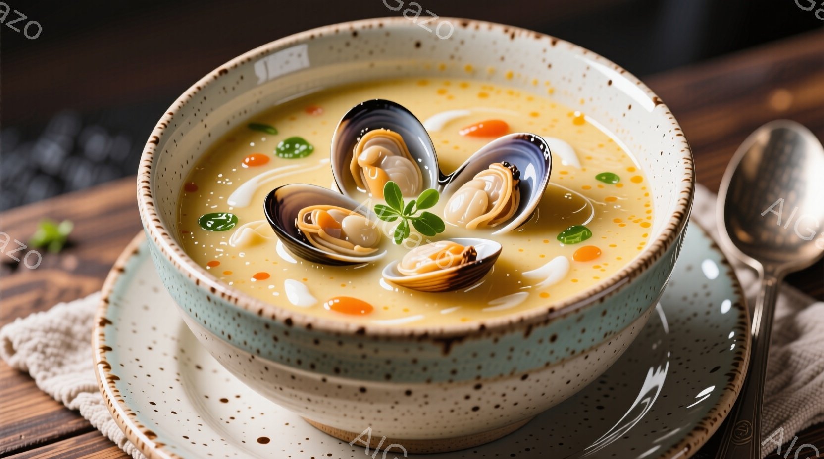 温かいクリーム色のスープが、手作りの風合いが感じられるボウルに盛り付けられています。アサリの身がいくつかスープに浮かび、緑色のハーブや小さなオレンジ色の粒がアクセントになっています。背景は木製のテーブルで、オフホワイトの布が敷かれており、全体的に暖かく家庭的な雰囲気を醸し出しています。