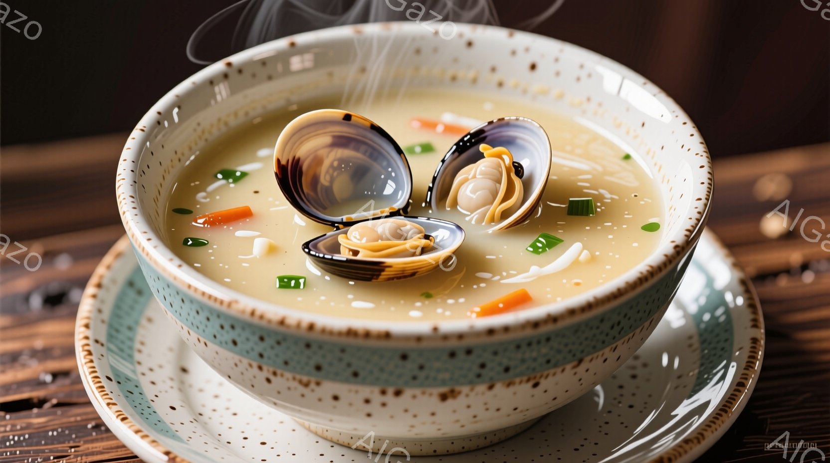 陶器のどんぶりの中に、澄んだスープと湯気が立ち上り、開いたアサリが印象的です。細かく刻まれた人参やネギなどの具材がスープの中に散りばめられ、素朴でありながら温かみのある雰囲気を醸し出しています。背景に - AI生成フリー素材