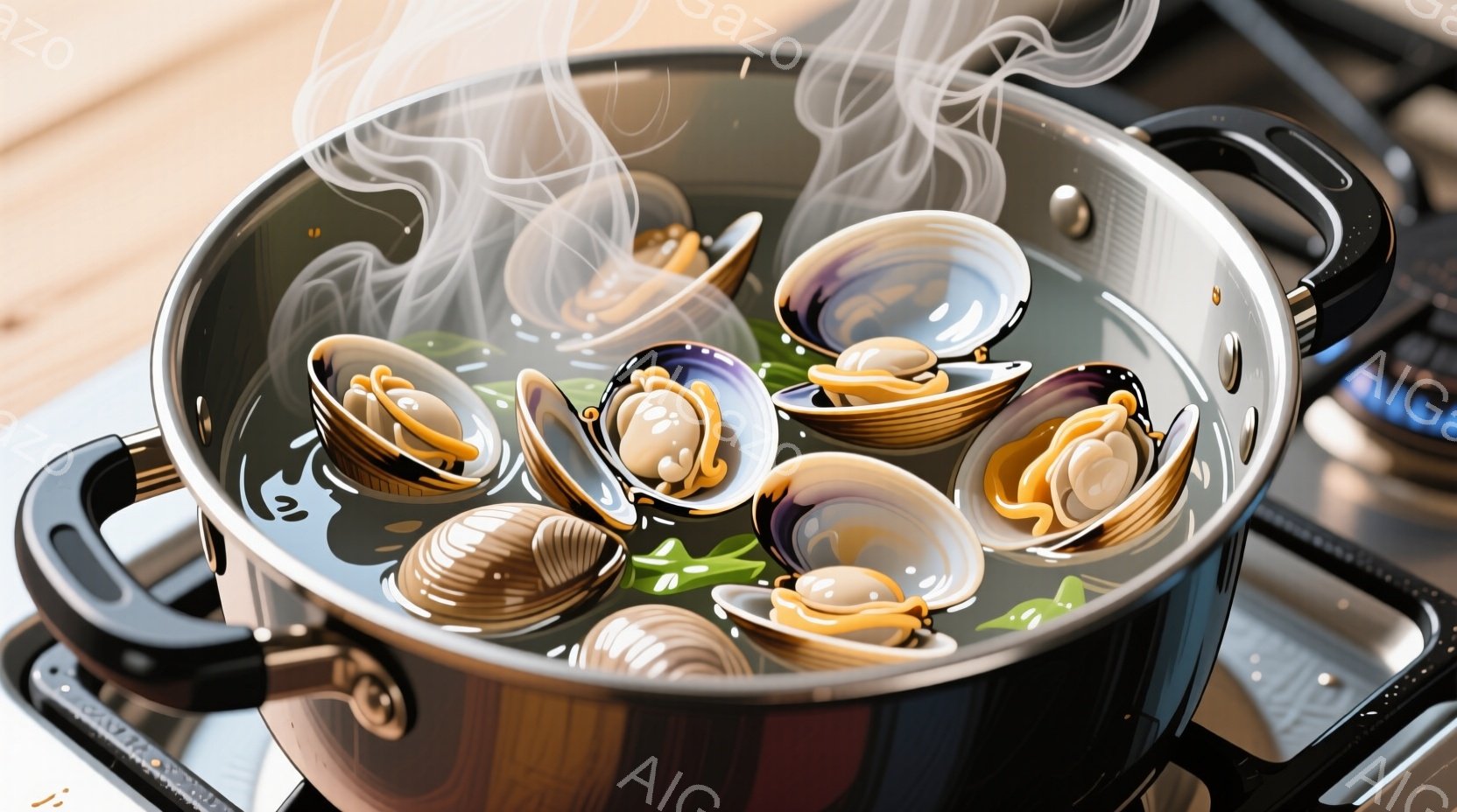 鍋の中でアサリが湯気に包まれて調理されています。鍋は金属製で光沢があり、ガスコンロの上に置かれています。湯気は鍋から立ち上り、背景はぼやけており、調理の温かさと美味しさを感じさせます。
