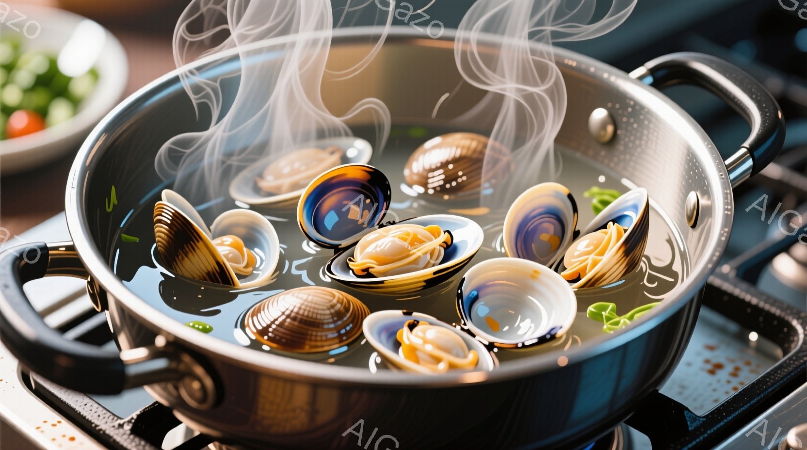 鍋の中でアサリが湯気に包まれて調理されている様子が写っている。鍋は金属製で、ガスコンロの上に置かれ、湯気とアサリの鮮やかな色彩が食欲をそそる。背景には、緑色の野菜サラダがぼんやりと見え、料理の準備段階 - AI生成フリー素材