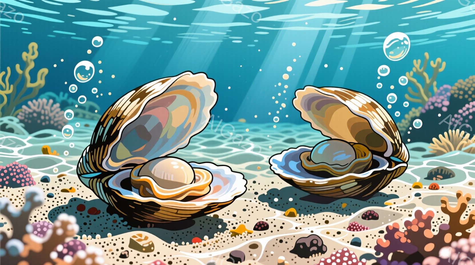 海底の砂の上に二つの真珠の貝殻が開いて描かれています。貝殻の中には光沢のある大きな真珠が収められており、周囲にはカラフルなサンゴや海藻が生息しています。水中の光が差し込み、キラキラと輝く水面と、穏やかで幻想的な雰囲気が漂っています。