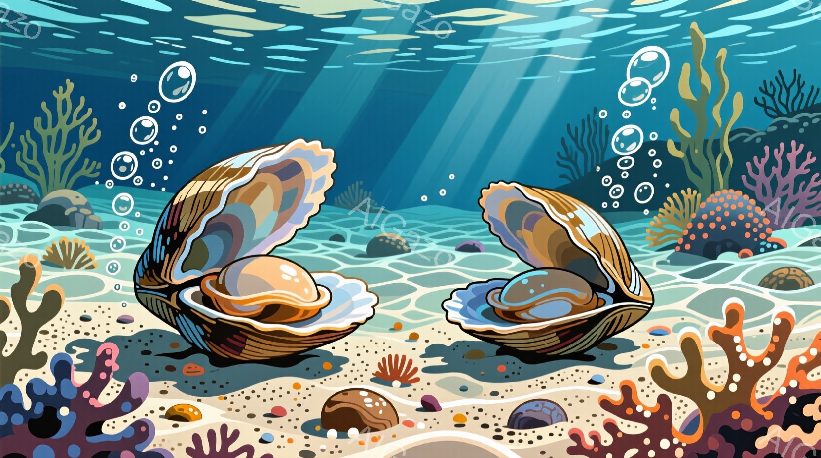 海底を背景にした画像で、二つの開いた貝殻が砂の上に描かれています。貝殻の中には、光沢のある真珠が一つずつ輝いており、周囲には赤い海藻や様々な貝殻が点在しています。水面から差し込む光線と浮遊する泡が、幻想的な海底の雰囲気を強調しています。
