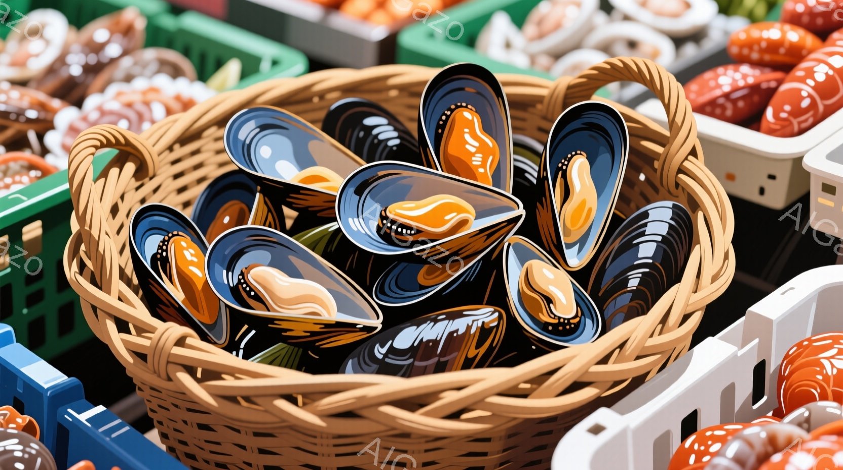 籠の中に、黒と青の縞模様で、内側がオレンジ色の貝が密集して並んでいます。背景には、同様の貝が積み重ねられた箱がいくつか見え、市場や露店のような場所を連想させます。全体的に、新鮮な海産物を販売している活気のある雰囲気が漂っています。