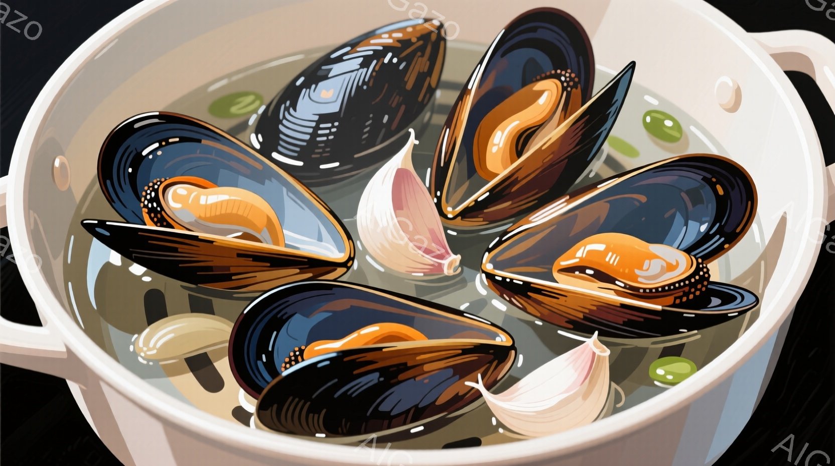大きな鍋の中に、新鮮なムール貝とニンニクが煮込まれています。ムール貝は黒とオレンジ色の美しい縞模様を持ち、開いて鍋の中のスープを吸い込んでいるようです。鍋は白く、持ち手が付いており、全体的に暖かく、食欲をそそる雰囲気です。