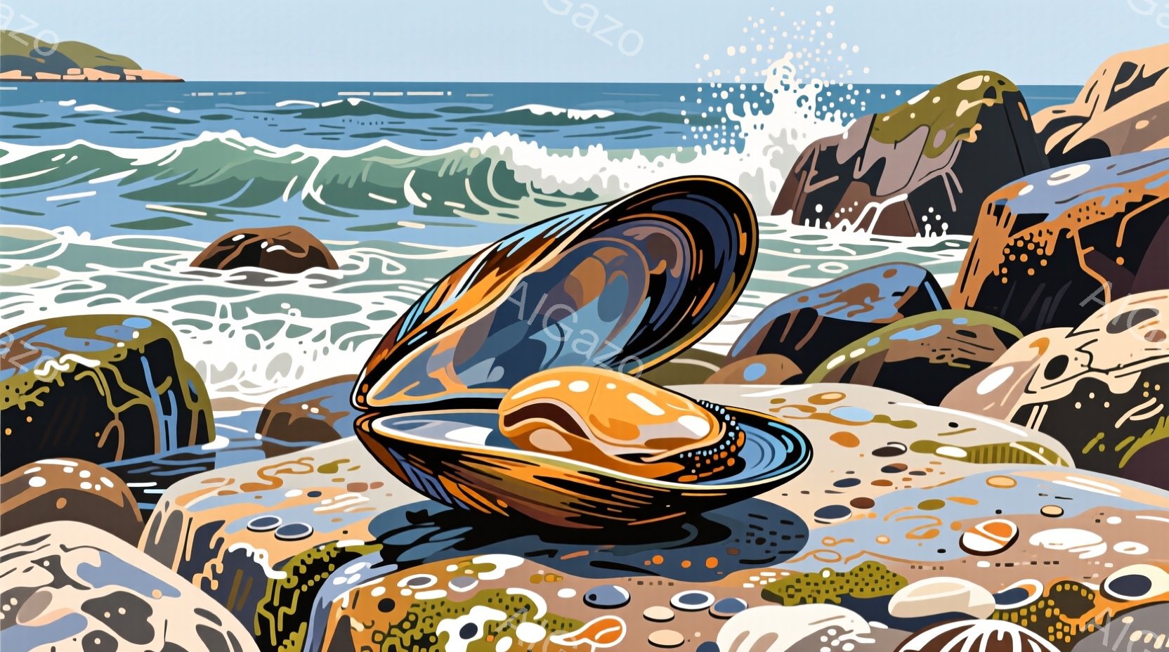開いた貝殻が、岩場の上に置かれている様子が描かれている。背景には荒々しい波が打ち寄せ、岩場は様々な色の石と砂利で構成されている。全体的に、自然の力強さと静寂が混ざり合った、少し幻想的な雰囲気を醸し出している。