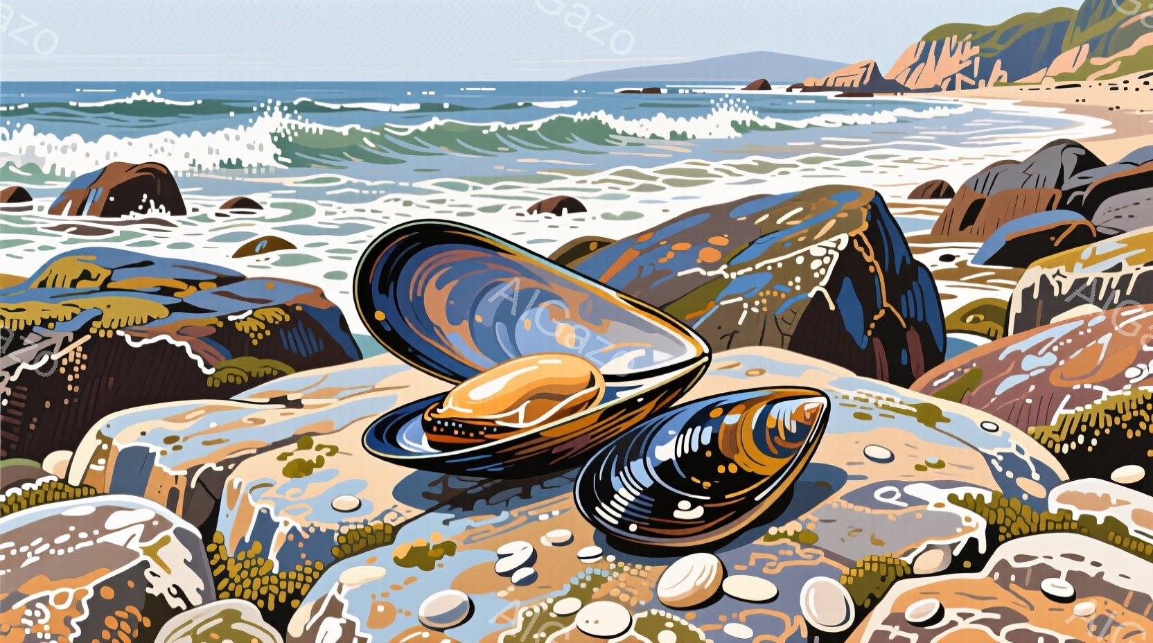 岩場の上に開いた貝殻が描かれている。背景には、荒々しい海と、海岸線に沿って続く岩場が広がり、遠くには海岸が見える。全体的に、力強い自然の風景と、静かな貝殻の対比が印象的な、鮮やかで写実的なイラストレーションである。