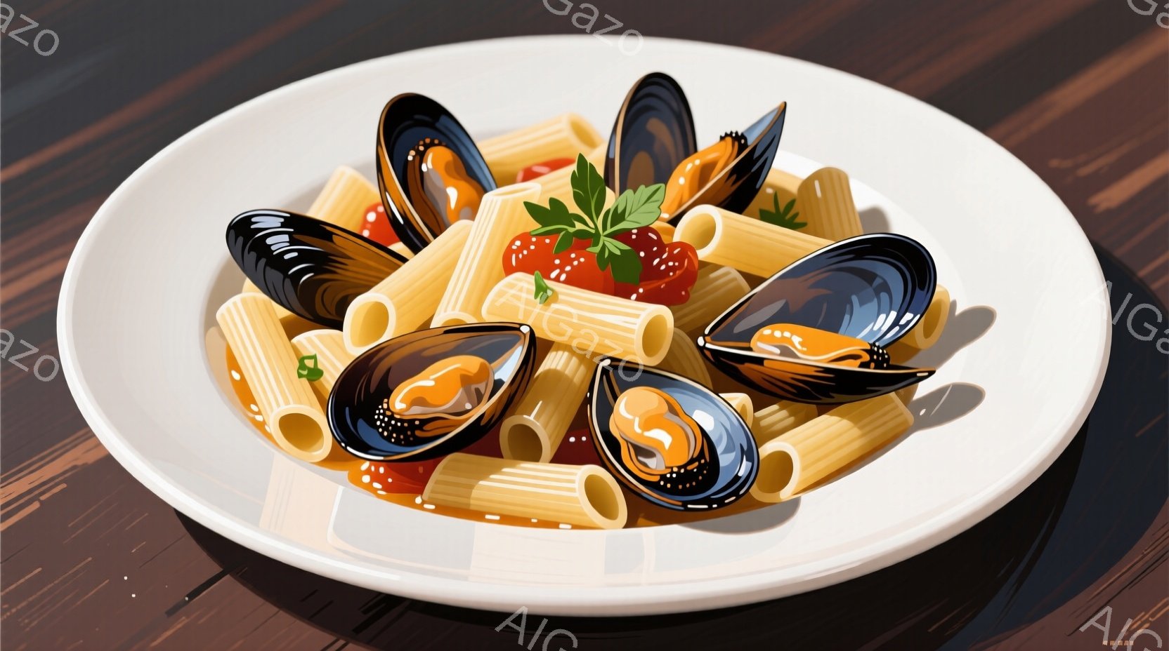 明るい赤色のロブスターが水槽内で描かれており、力強い前脚を前に突き出し、威圧的な姿勢を見せています。水槽内には泡が浮かび、背景には水槽の装置が見え、水中で生き生きとした様子が表現されています。全体的に、鮮やかでダイナミックな雰囲気のイラストです。