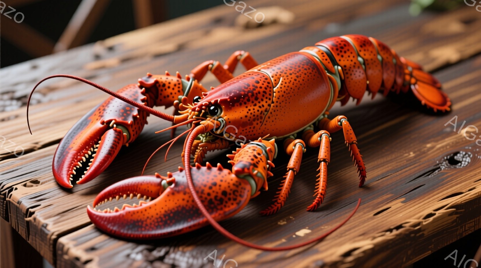 鮮やかな赤色のロブスターが、古びた木製のテーブルの上に力強く立っています。その甲羅は複雑な模様で覆われ、鋭い爪と触覚が特徴的です。背景は木目が見えるテーブルのみで、ロブスターが主役の構図となっています。