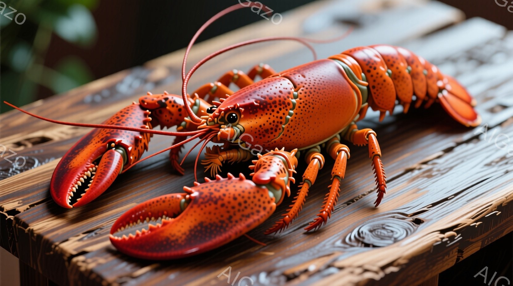 明るい赤色に点在する斑点を持つ大きなロブスターが、古びた木のテーブルの上に立っている。そのロブスターは、鋭い爪を持つ大きなハサミを前に突き出し、まるで獲物を狙っているかのような威圧感を放っている。背景はぼやけており、暖色系の木材の質感のみが際立っている。