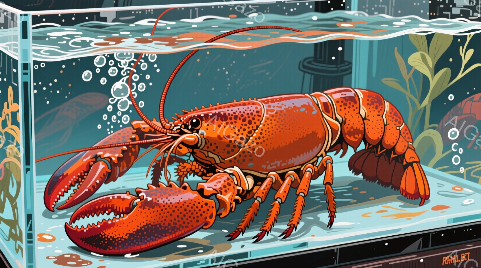 真っ赤なロブスターが白い皿の上に鎮座しており、溶けたバターが周りに滴り落ちています。蒸気が立ち上り、ロブスターの鮮やかな色と対照的です。全体的に、食欲をそそる豪華な料理の雰囲気が漂っています。