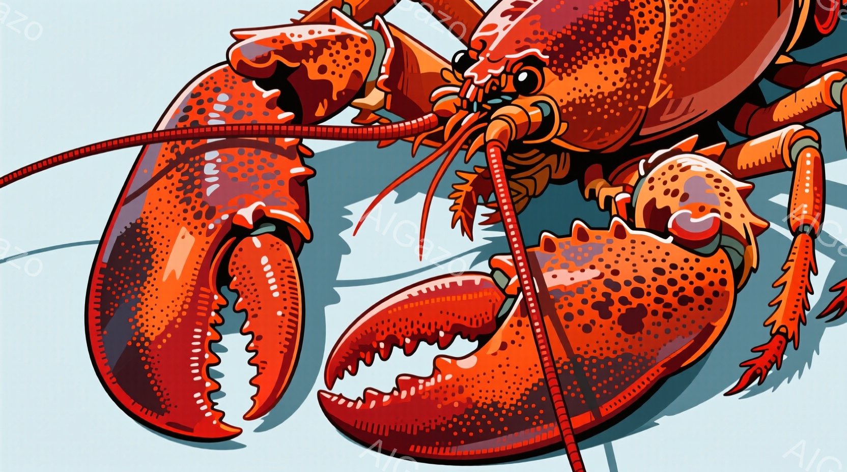 明るい水色の背景に、鮮やかなオレンジ色のロブスターが描かれています。ロブスターは大きく、爪を前に突き出し、まるで何かを掴もうとしているかのような姿勢です。全体的に、力強く、生き生きとした雰囲気が漂って - AI生成フリー素材