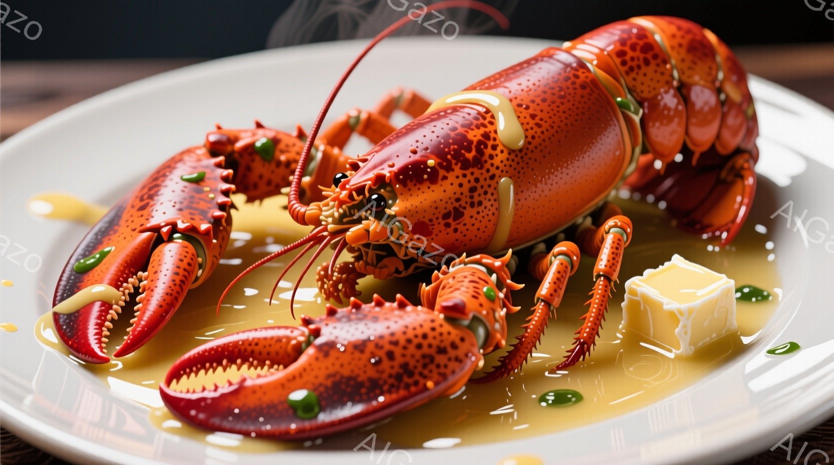 鮮やかな赤色のロブスターが白い皿に盛り付けられています。周りには溶けたバターのような液体と緑色の小さなドット（おそらくハーブ）が散りばめられており、高級感と食欲をそそる雰囲気を醸し出しています。ロブス - AI生成フリー素材
