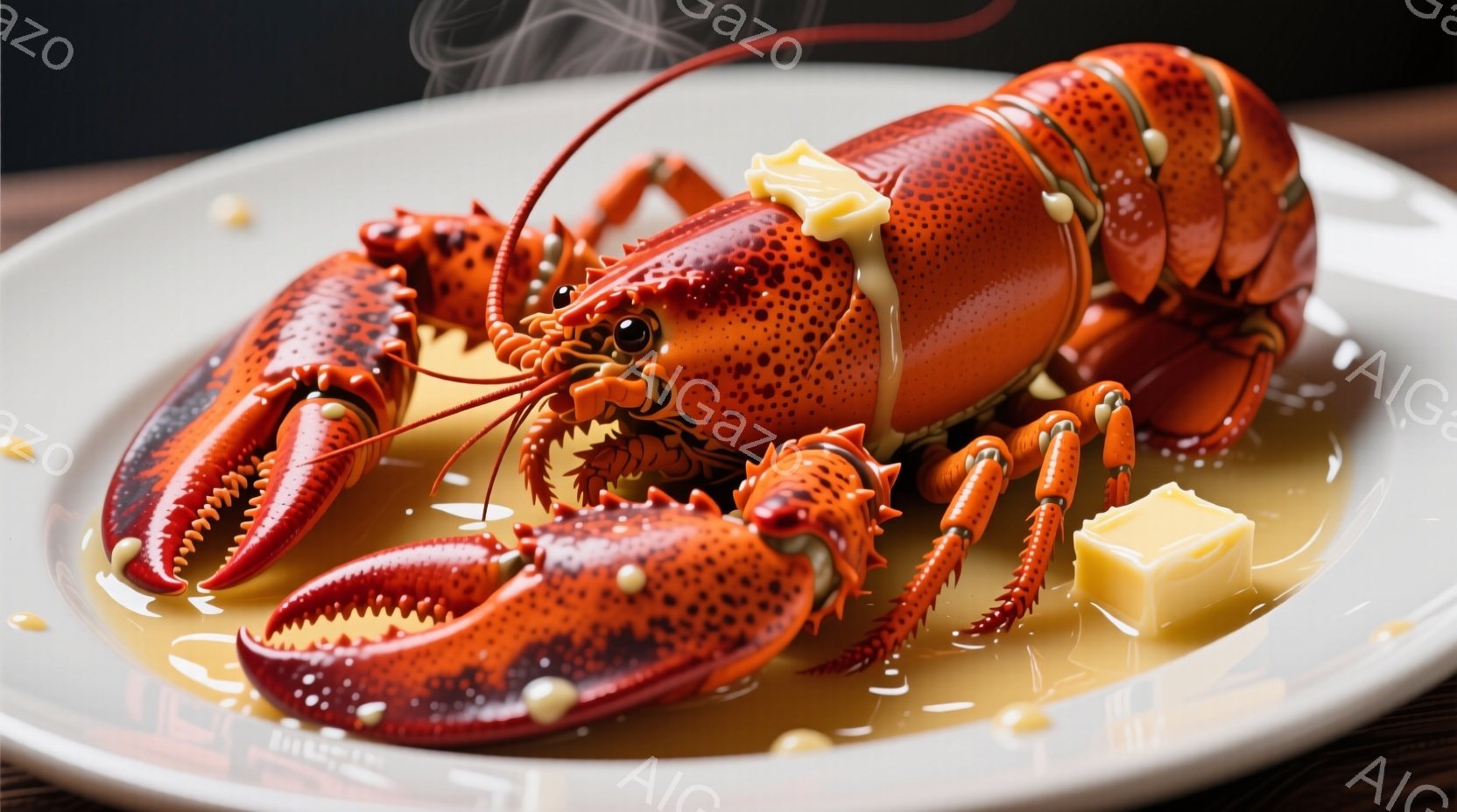 鮮やかな赤色のロブスターが白い皿の中に湯気を立てて鎮座しています。溶かしバターと思われる黄色い塊が数個、ロブスターの周りに散らばっており、美味しさを引き立てています。背景は暗く、皿の白い磁器とロブスタ - AI生成フリー素材