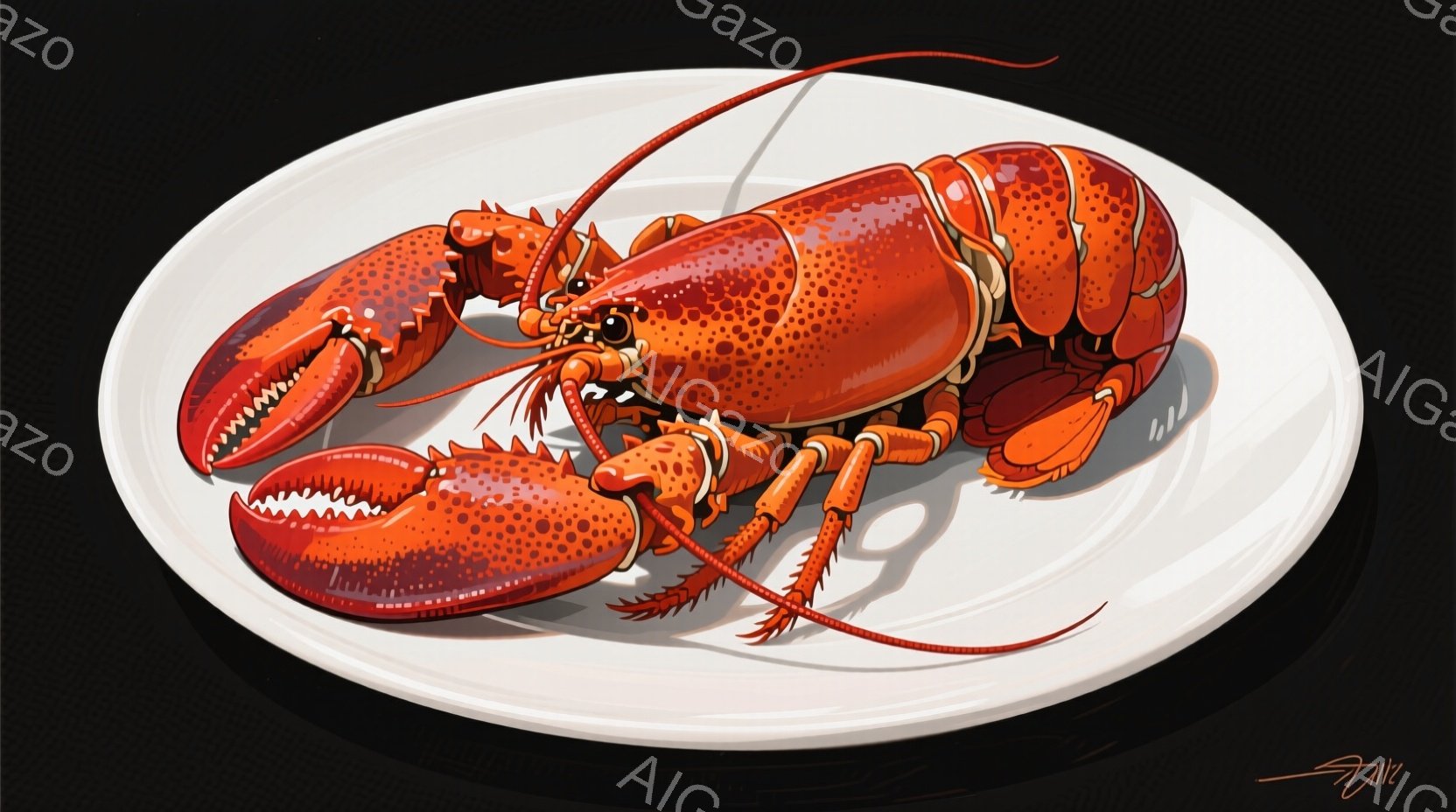大きなロブスターが白い皿の上に横たわっています。鮮やかな赤色の甲羅には細かい斑点があり、触覚や脚が皿から外に出るように伸びています。背景は暗く、ロブスターが際立っており、まるで料理として提供されるのを待っているかのような雰囲気です。