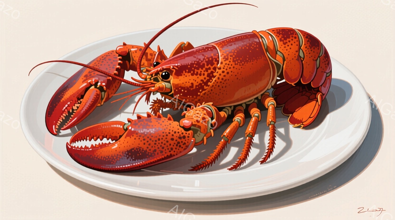 鮮やかな赤色のロブスターが白い皿の上に置かれています。ロブスターは正面を向き、触覚や脚が細部まで鮮明に描かれており、まるで生きているかのような印象を与えます。皿の影が柔らかく、立体感を強調し、鮮やかな色合いが目を引く一枚です。