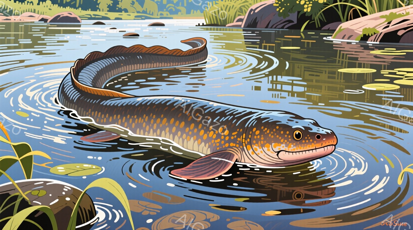 鮮やかなオレンジと茶色の模様を持つ大きなマスが、水面に波紋を作りながら泳いでいる。背景には、緑豊かな植物と岩、そして穏やかな水面が広がっており、全体的に静かで穏やかな雰囲気を醸し出している。水面の反射 - AI生成フリー素材