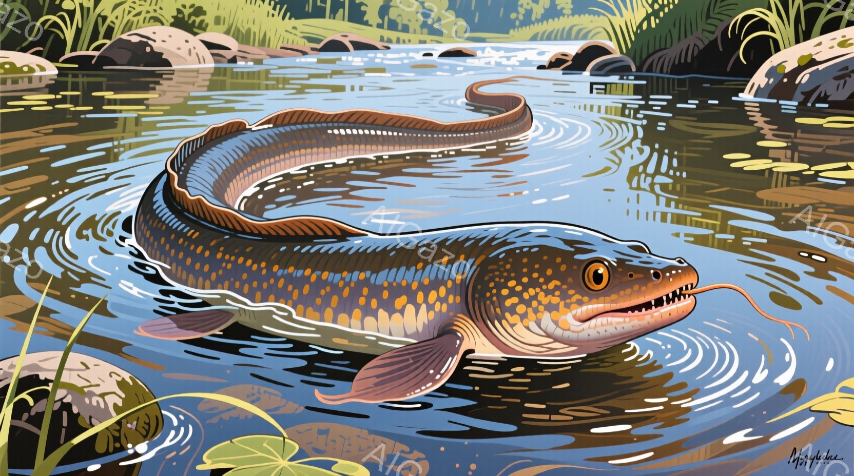 泥色の水中でうねる巨大なウナギを描いています。ウナギは茶色とオレンジ色の斑点模様で覆われ、鋭い歯が覗いています。背景には水草や岩、そしてぼんやりとした緑の木々が見え、水面には波紋が広がっています。