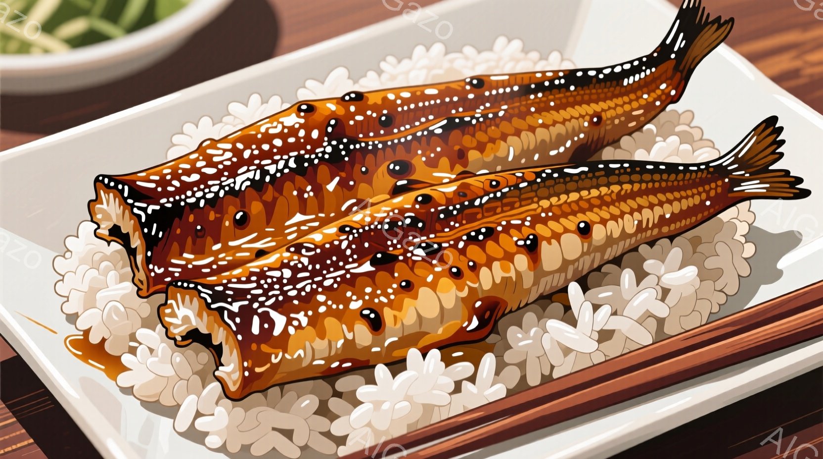 照り焼きされた太刀魚が、白いご飯の上に置かれた陶器の皿に盛られています。魚の表面は甘辛いタレで照り輝き、細かく刻まれたネギが添えられています。背景には、緑色の小鉢がぼんやりと見え、全体的に食欲をそそる落ち着いた雰囲気が漂っています。